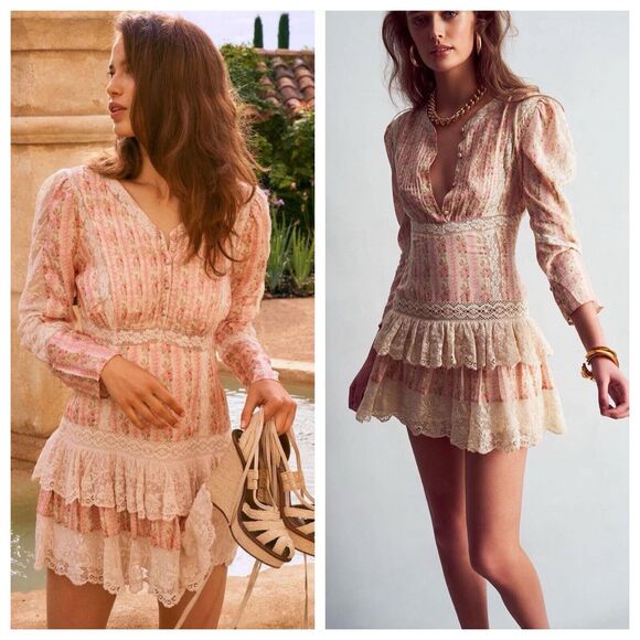 Love Shack Fancy LSF Pirelle Pink Floral Silk Lace Ruffle Mini Dress Size 6 - Picture 1 of 12